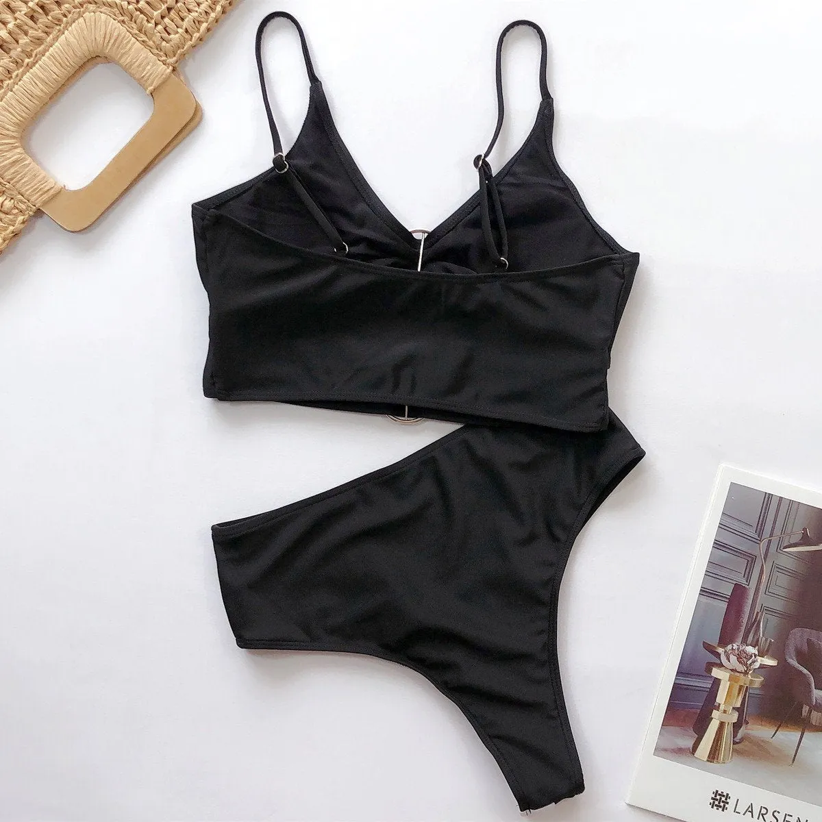 Hot Black Plain High Rise Triangle Bikinis