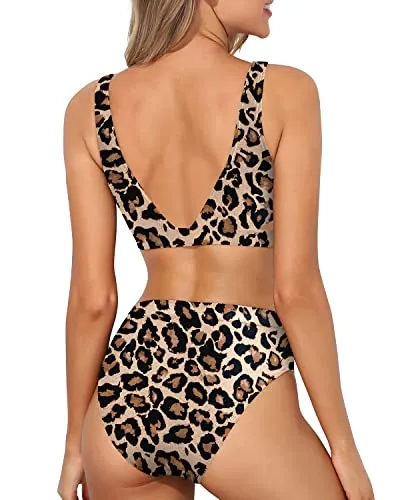 Two Piece Women's High Waisted Bikini Set Sport Swimsuit High Cut Bathing Suit-Leopard