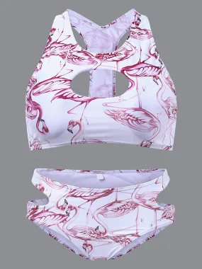 Wholesale Round Neck Sleeveless Floral Print Cut Out Two Piece Bikinis